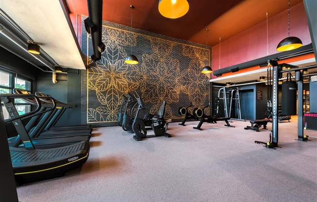 a home gym with a mural on the wall