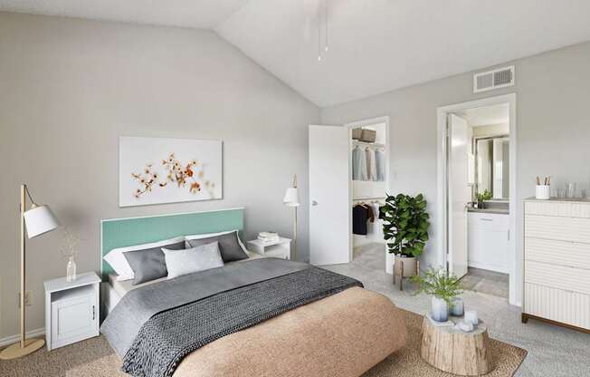 A3 bedroom with a large bed and a painting on the wall.