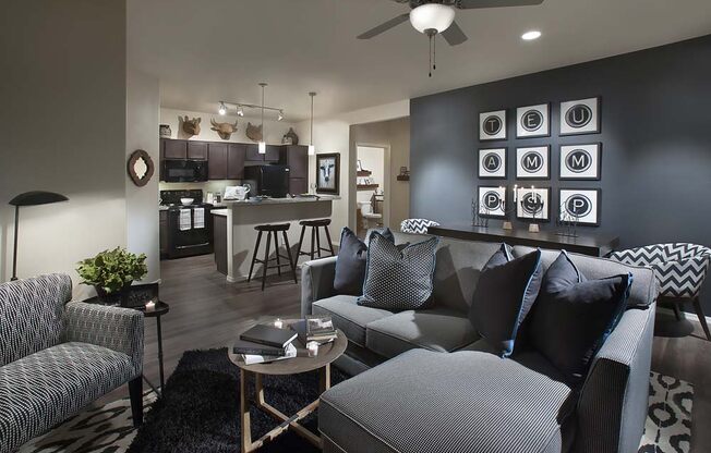 a living room with a couch and a table