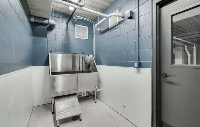 a stainless steel sink in a room with blue and white walls