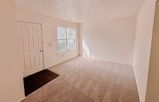 an empty living room with a white door and carpet