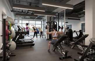 Gym with cardio equipment, weights, treadmills and yoga/workout area at Skylar At Sunset, Los Angeles, CA