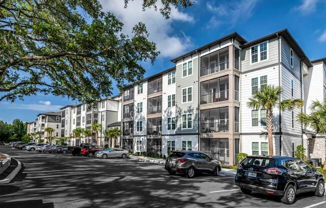 A sunny day at a residential area with cars parked and trees in the foreground.