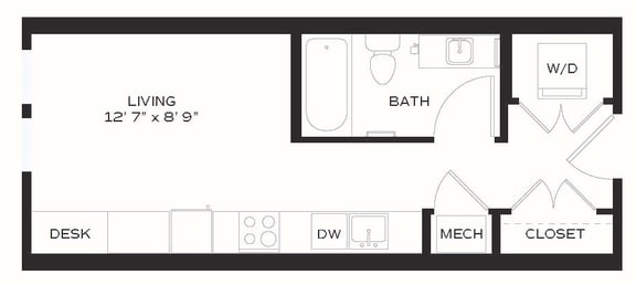 S1-Studio 345 Sq. Ft. Floor Plan at Edge 35, Indiana, 46203
