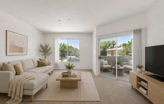 A living room with a couch, a coffee table, and a television.