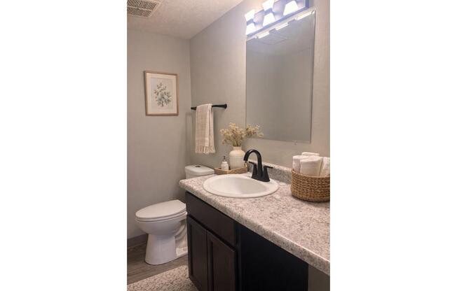 A modern bathroom featuring a white sink with a dark faucet, a wall-mounted mirror, and a decorative wall art piece. The countertop is made of light-colored granite, with neatly arranged towels and a wicker basket. A toilet is visible, along with a towel rack and a small arrangement of dried flowers in a vase.