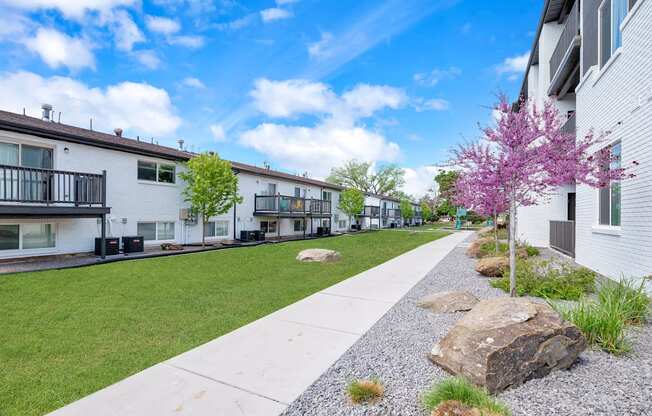 the preserve at ballantyne commons apartment community walkway with trees and houses