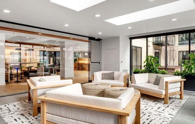 resident lounge with comfortable zen furniture and skylights