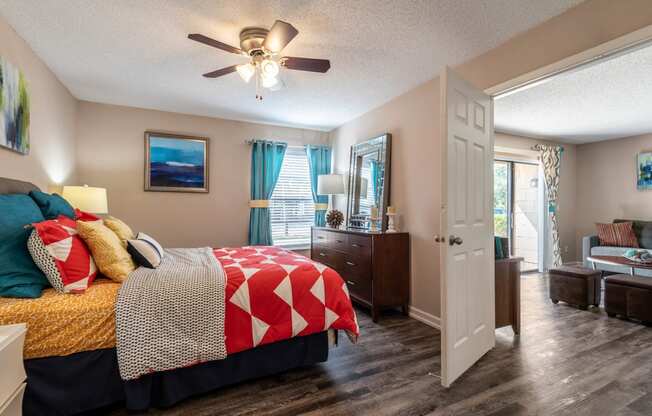 Bedroom with Ceiling Fan at Whisper Lake Apartments, Winter Park