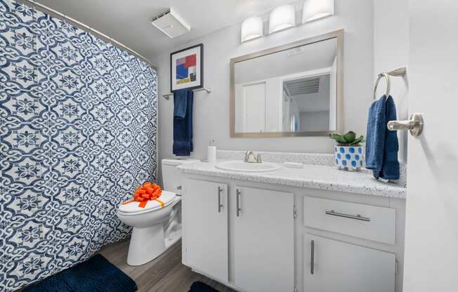 a bathroom with blue and white wallpaper and a white toilet and sink
