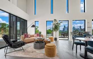 Resident Clubhouse with Downtown Views, Lounge Areas, and Entertainment Kitchen