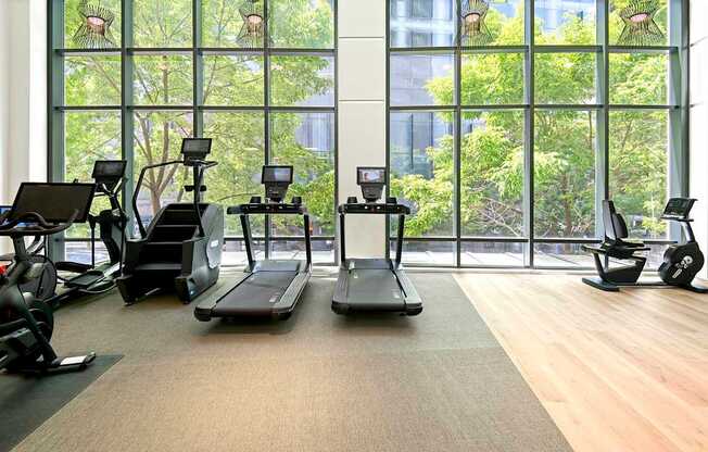 A gym with treadmills, exercise bikes, and other equipment.