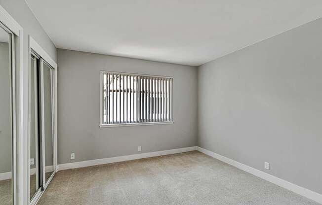 A room with a window and a carpeted floor.