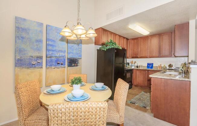 a kitchen with a table in a room