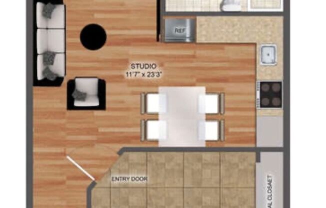 Studio, 1 bath, 236 sqft, $875, Unit Studio