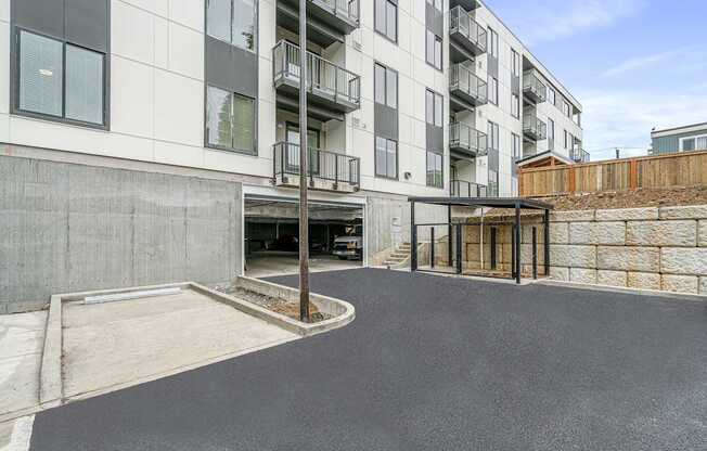 a view of the entrance to the building from the parking lot