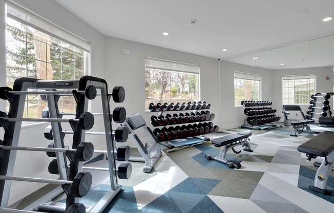A gym with a variety of equipment including dumbbells, weight plates, and a bench press.