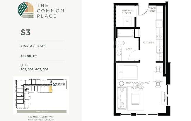 Studio, 1 bath, 490 sqft, $1,325, Unit 304