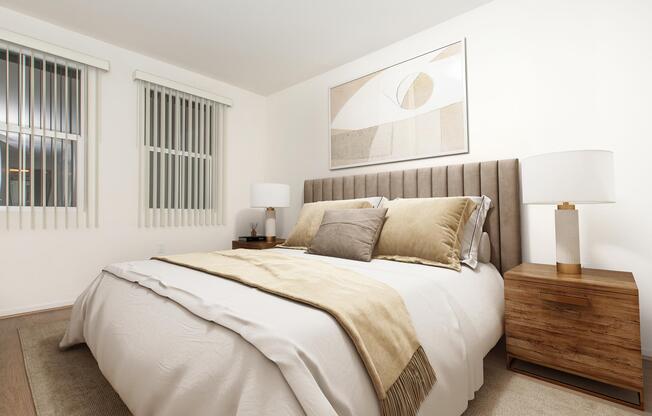 A modern bedroom featuring a neatly made bed with neutral-toned bedding and decorative pillows. There are two stylish lamps on wooden nightstands beside the bed, and a large abstract artwork hangs on the wall. The room has light-colored walls and window treatments, creating a bright and inviting atmosphere.