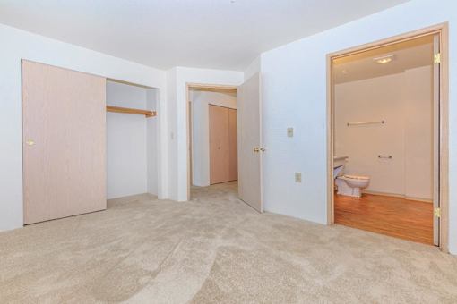 A room with a carpeted floor and a toilet in the corner.