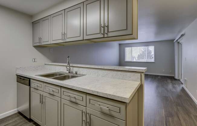 A kitchen with a sink and cabinets.