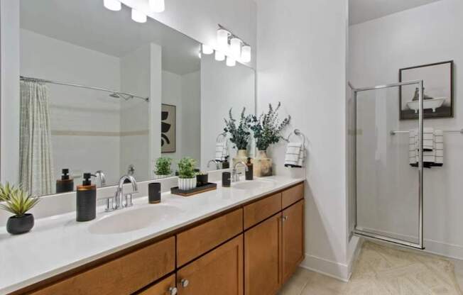 A bathroom with a double sink vanity and a walk-in shower.