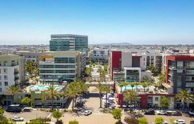 A view of a city with buildings, cars, and palm trees.