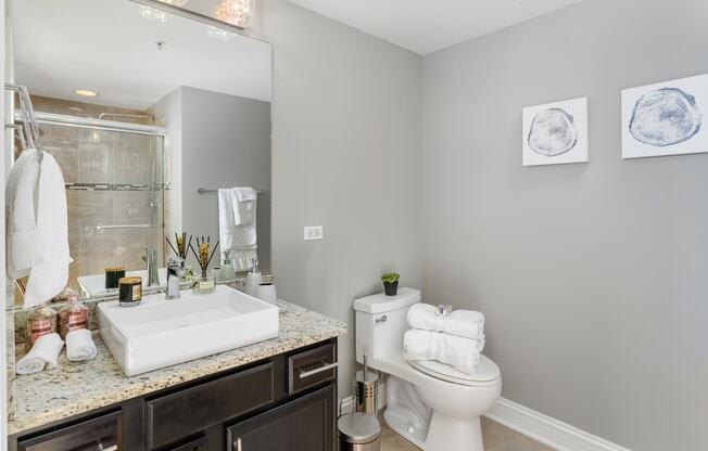 a bathroom with a sink and a toilet and a shower