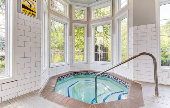 a soaking tub with a view of the trees outside the windows