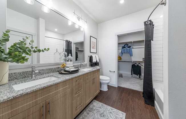 a bathroom with a sink and a shower and a toilet