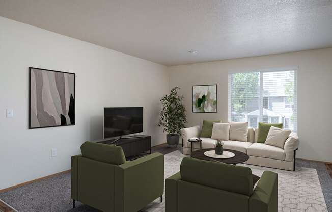 A living room with a green couch and a white couch.