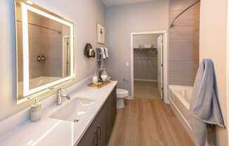 Icon at Cooley Station-apartment bathroom with modern countertops a large lighted mirror
