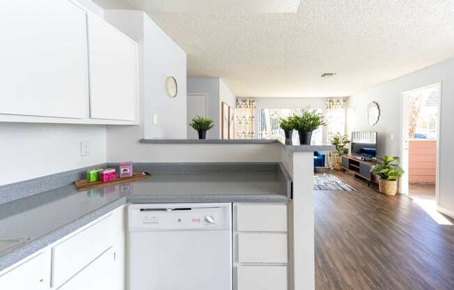 a kitchen with white cabinets and a white dishwasher