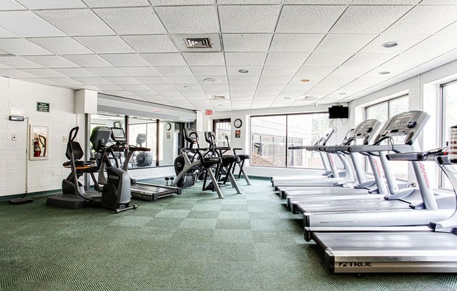 a large fitness room with treadmills and elliptical trainers