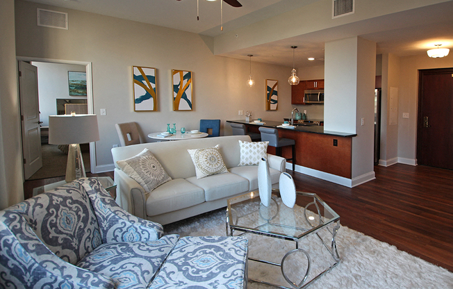 Living Room With Kitchen View at The Terminal Tower Residences Apartments, Cleveland
