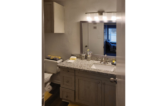 a kitchen with a sink and a mirror