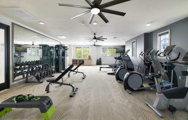 Riverside Luxury Apartments - Fitness Center With Free Weights, Bench Presses, And Treadmills