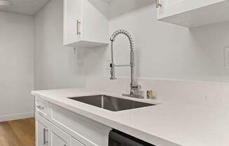 A kitchen with a sink and a faucet.