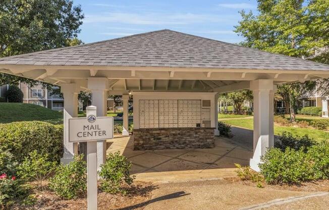 a gazebo with a sign for the mall center at Marina Point, Chattanooga Tennessee