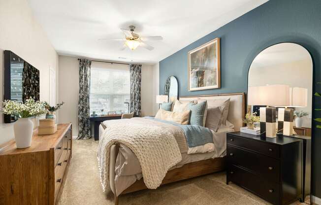 a bedroom with blue walls and a large bed