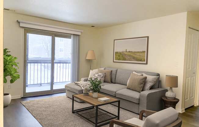 a living room with a couch and a coffee table