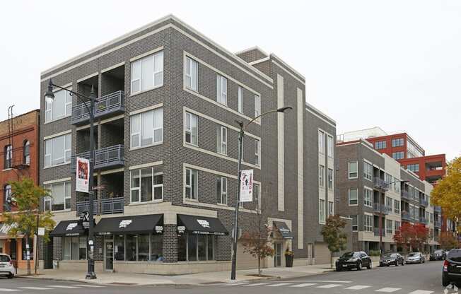 a building on the corner of a city street
