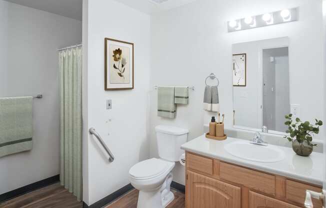a bathroom with a toilet sink and mirror and a shower