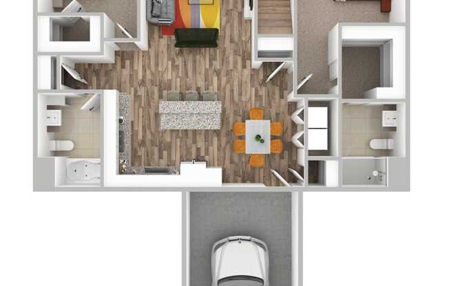 a floor plan of a house with a car in the garage