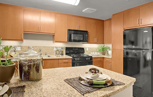 a kitchen with a granite counter top and stainless steel appliances