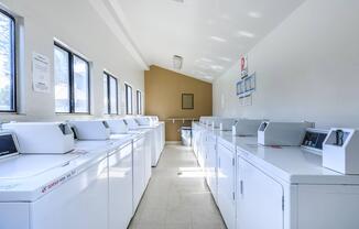 A clean and well-lit laundry room featuring several white washing machines aligned along the walls. Windows provide natural light, while a trash can and notices are visible in the background. The walls are painted in light colors, creating a bright and inviting atmosphere.
