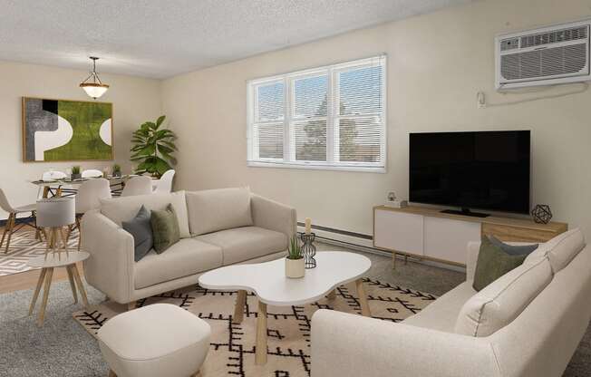 a living room with couches and a table and a television