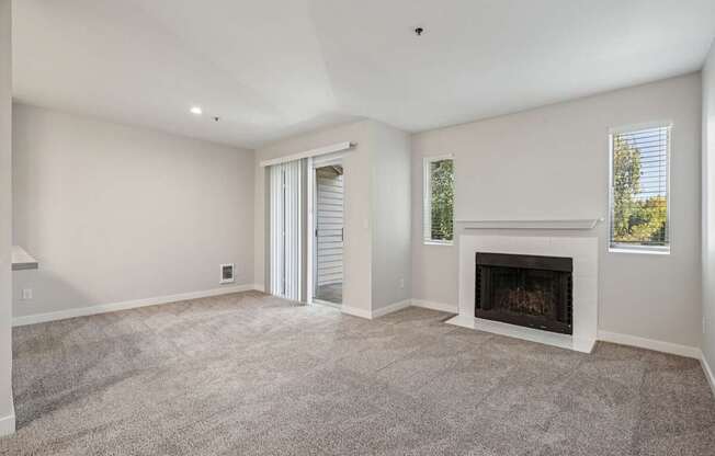 A living room with a fireplace and a sliding door.