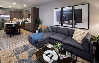 A modern living room with a grey couch and a coffee table.