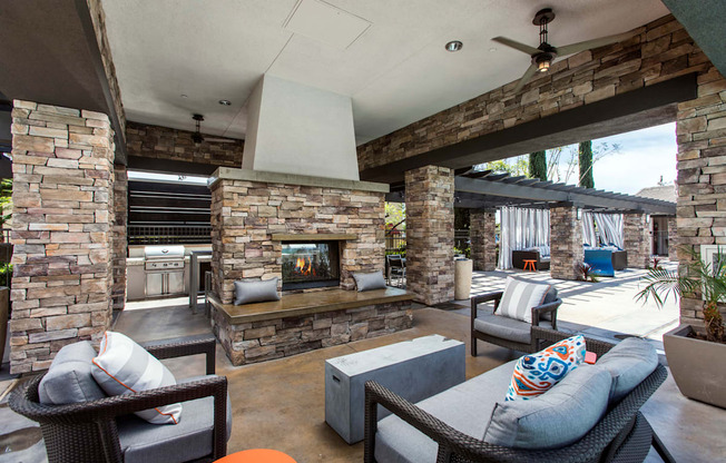 Outdoor fireplace with seating